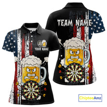 Load image into Gallery viewer, Black polo shirt with American flag design featuring beer mugs and darts, customizable text on a white background.