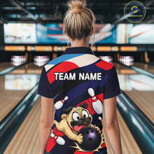 Load image into Gallery viewer, Person wearing a navy, red, and white bowling polo featuring a cartoon pug holding a purple bowling ball, pins, and custom team text.