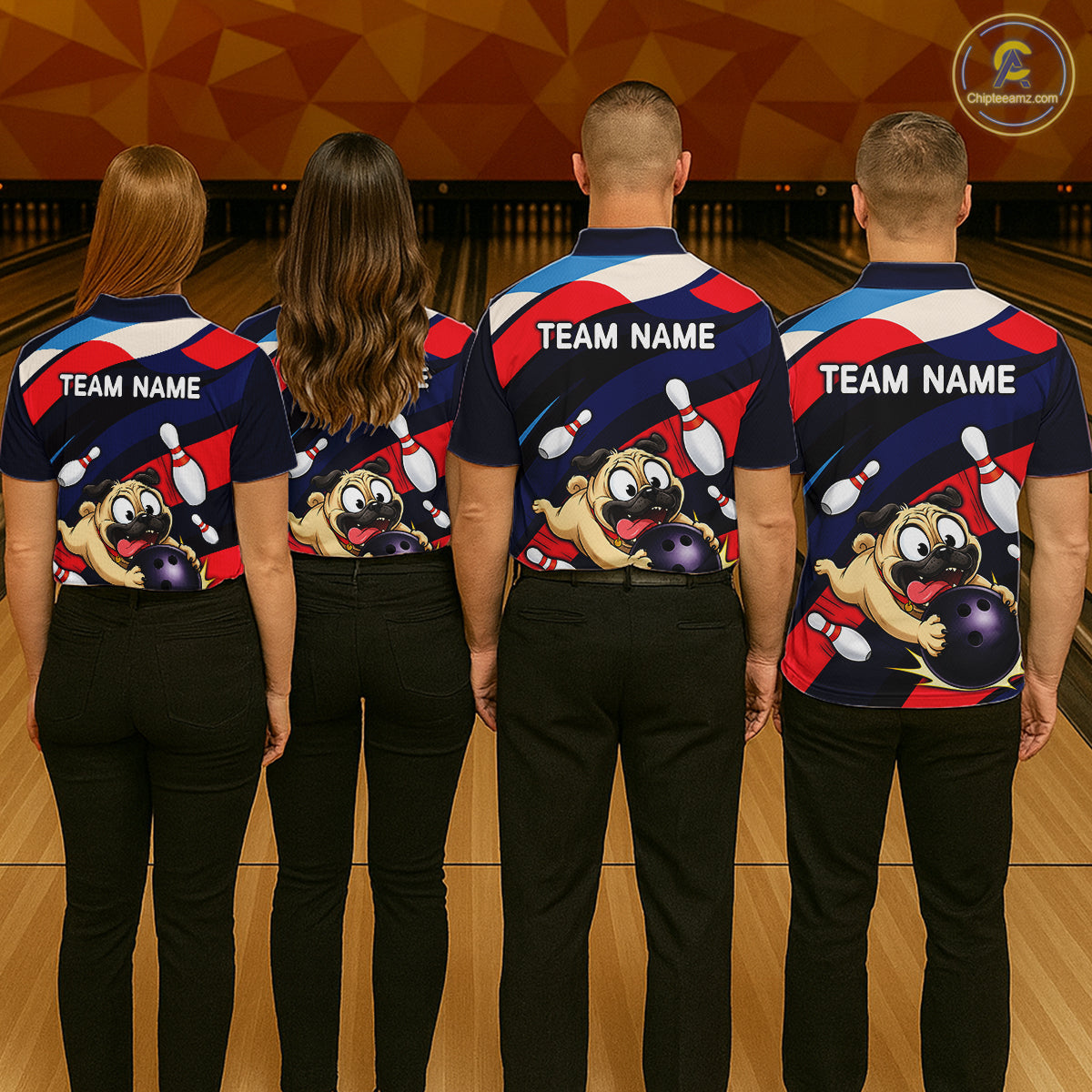 Four people wearing navy, red, and white bowling polo featuring a cartoon pug holding a purple bowling ball, pins, and custom team text.
