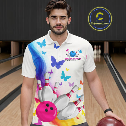 Custom Colorful Butterfly Bowling Jersey for Men Bowling Team Shirts Bowling League Polo & 1/4 Zip HNT173