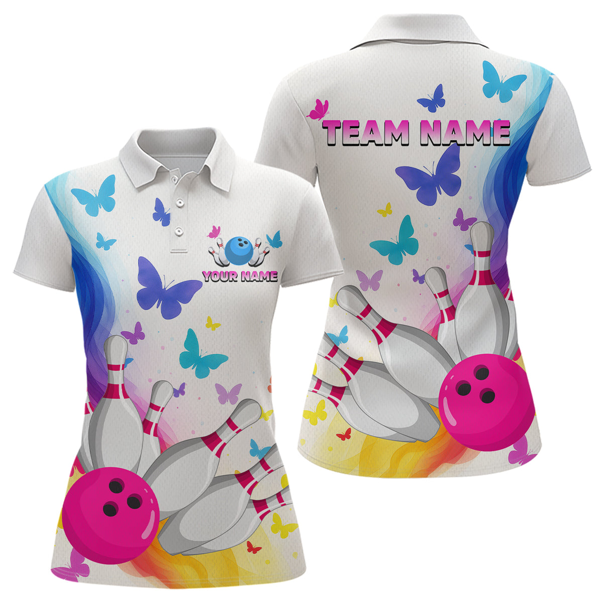 Custom Colorful Butterfly Bowling Jersey for Women Bowling Team Shirts Bowling League Polo & 1/4 Zip HNT173