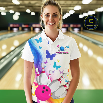 Custom Colorful Butterfly Bowling Jersey for Women Bowling Team Shirts Bowling League Polo & 1/4 Zip HNT173