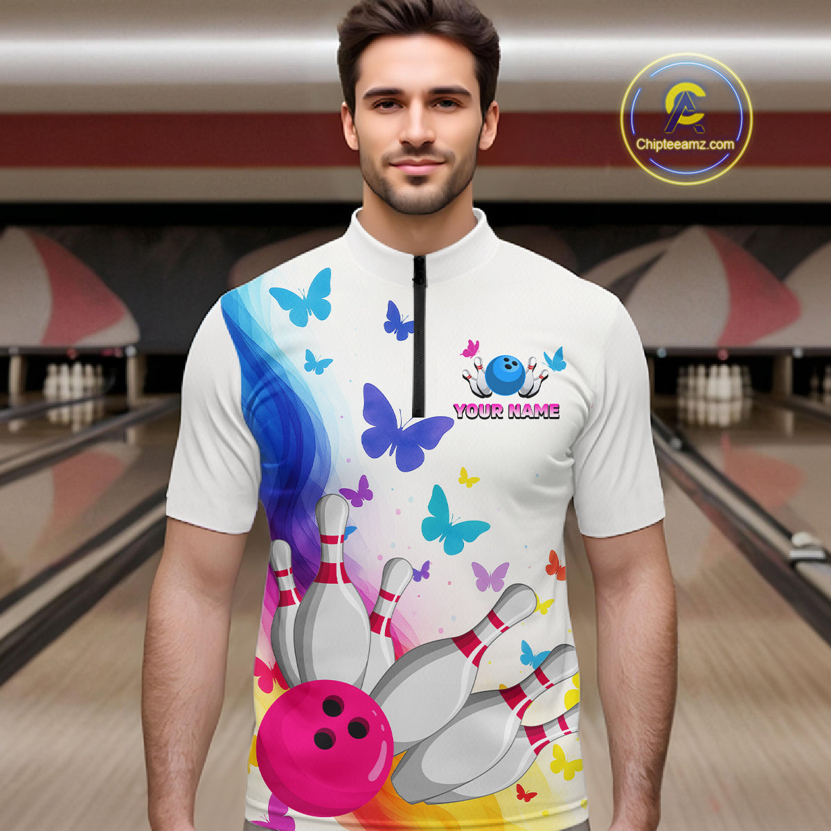 Custom Colorful Butterfly Bowling Jersey for Men Bowling Team Shirts Bowling League Polo & 1/4 Zip HNT173