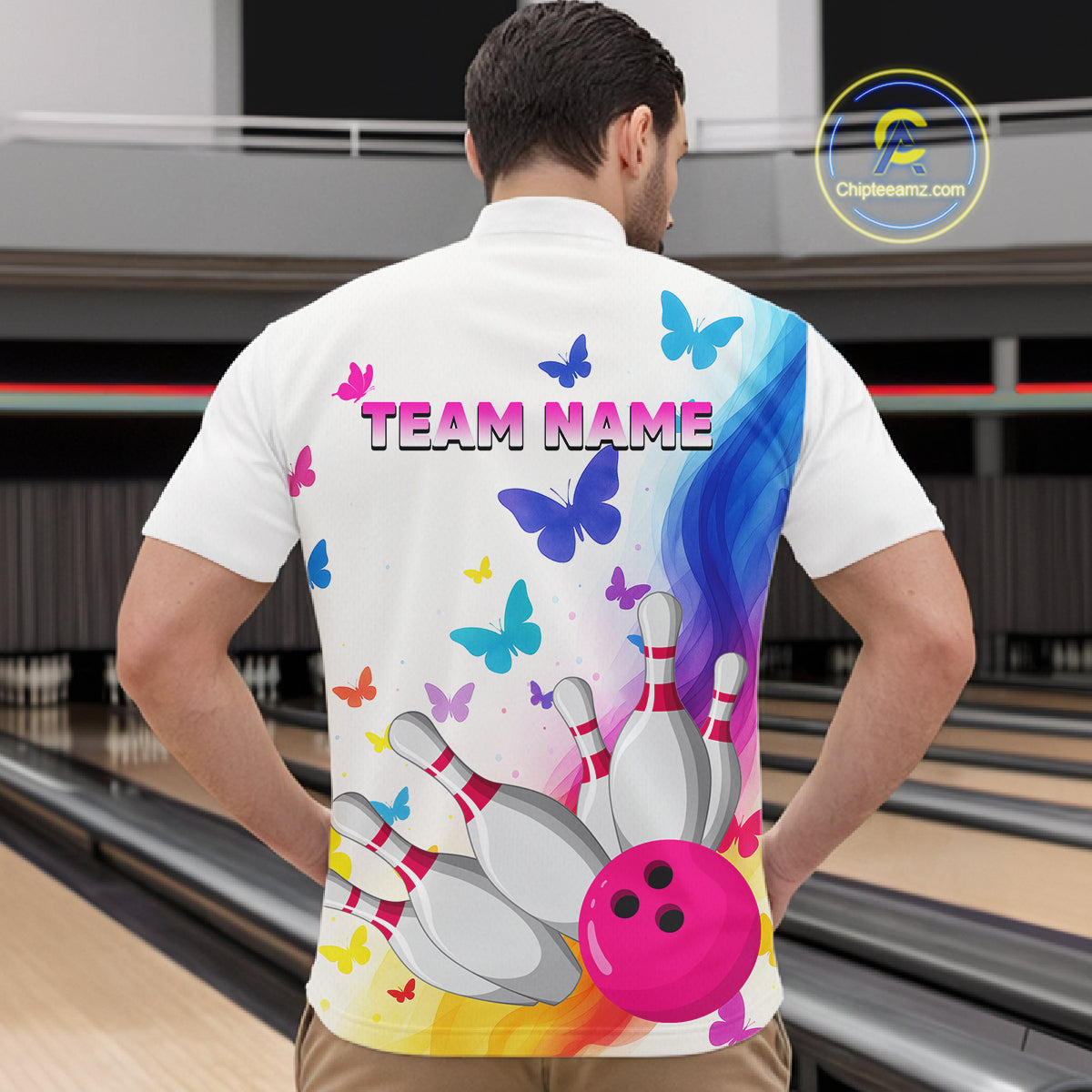 Custom Colorful Butterfly Bowling Jersey for Men Bowling Team Shirts Bowling League Polo & 1/4 Zip HNT173