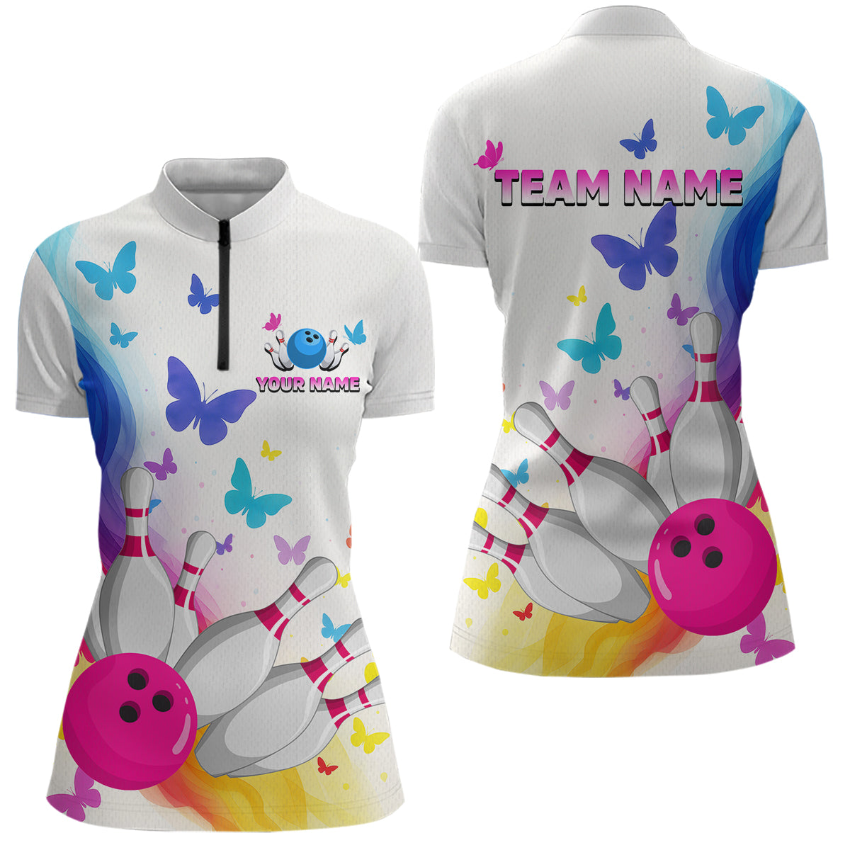 Custom Colorful Butterfly Bowling Jersey for Women Bowling Team Shirts Bowling League Polo & 1/4 Zip HNT173
