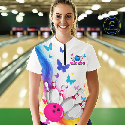 Custom Colorful Butterfly Bowling Jersey for Women Bowling Team Shirts Bowling League Polo & 1/4 Zip HNT173