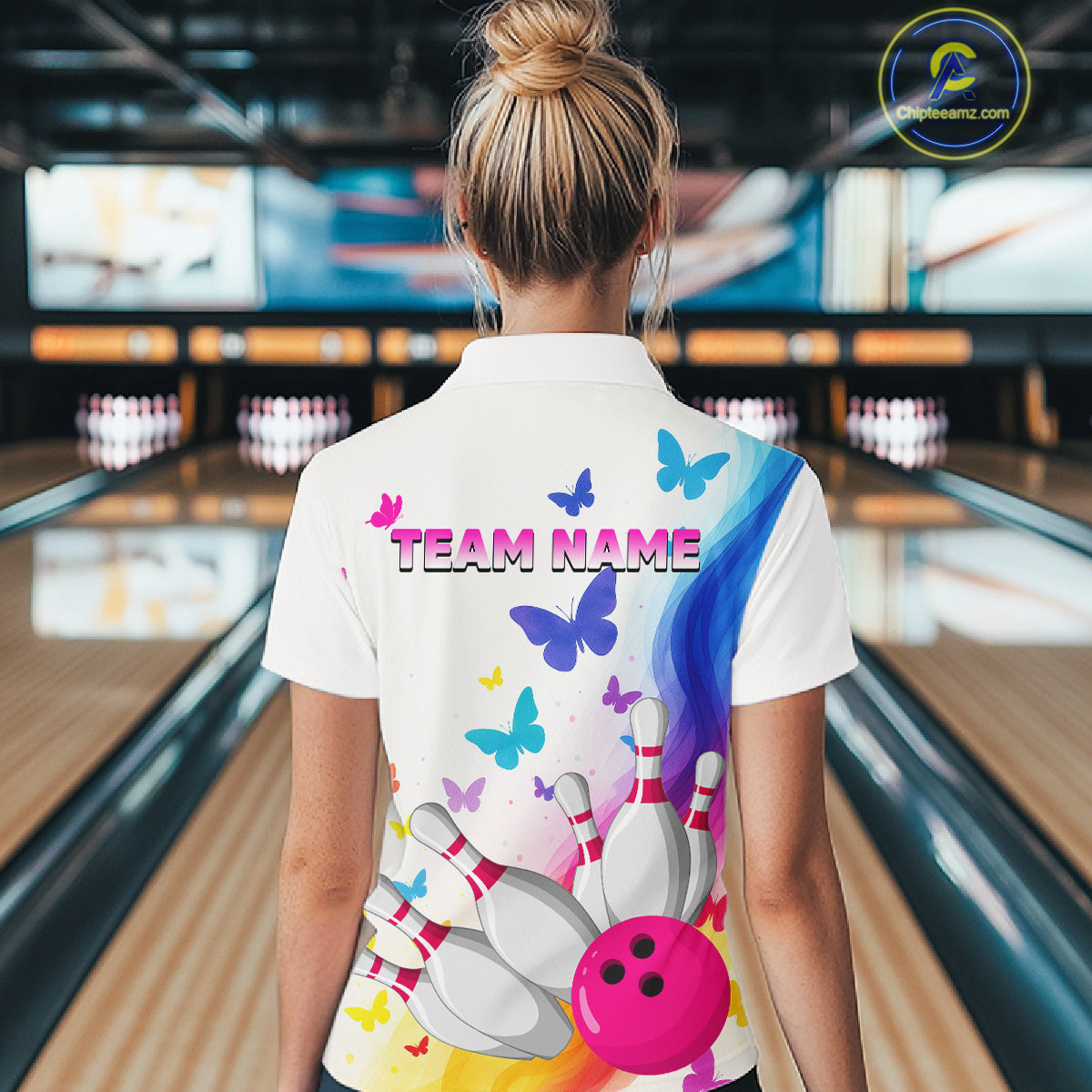 Custom Colorful Butterfly Bowling Jersey for Women Bowling Team Shirts Bowling League Polo & 1/4 Zip HNT173