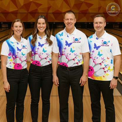 Custom Colorful Butterfly Bowling Jersey for Women Bowling Team Shirts Bowling League Polo & 1/4 Zip HNT173