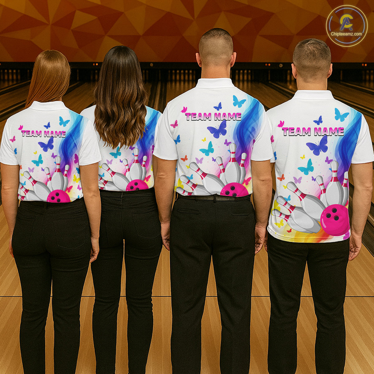 Custom Colorful Butterfly Bowling Jersey for Men Bowling Team Shirts Bowling League Polo & 1/4 Zip HNT173