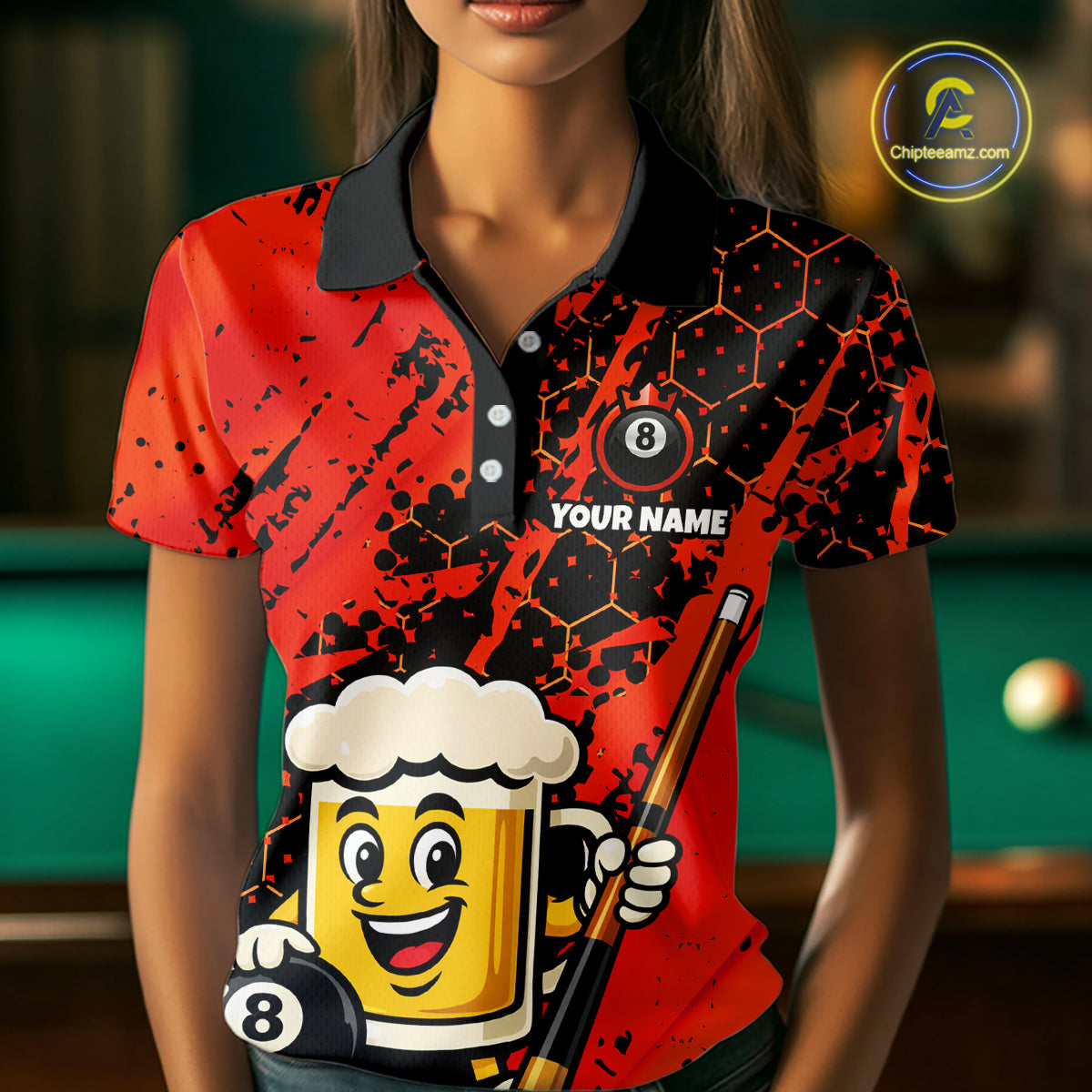 Custom Funny Red Beer 8 Ball Pool Billiard Shirt for Women Polo & 1/4 Zip, Billiard Team Jerseys NNT147