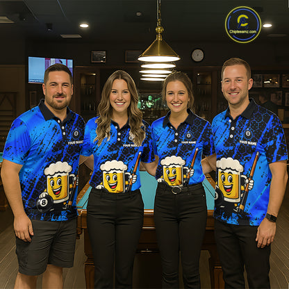 Custom Funny Blue Beer 8 Ball Pool Billiard Shirt for Men Polo & 1/4 Zip, Billiard Team Jerseys NNT147