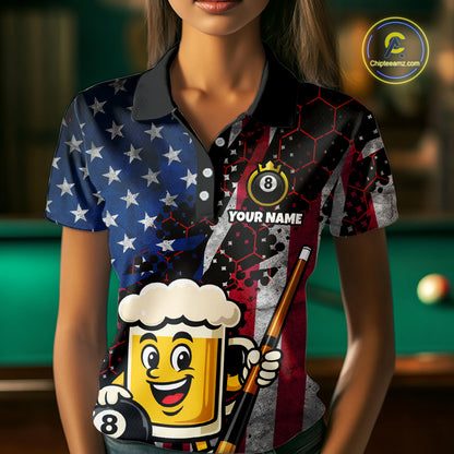 Custom Funny US Flag Beer 8 Ball Pool Billiard Shirt for Women Polo & 1/4 Zip, Billiard Team Jerseys NNT147