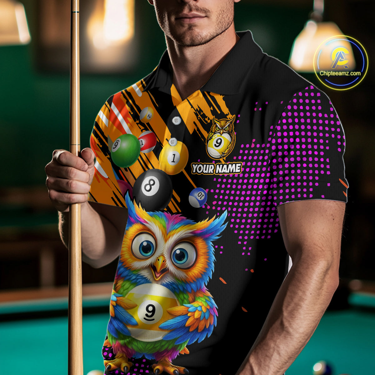 Custom Funny Colorful Owl 9 Ball Pool Billiard Shirt for Men Billiard Team Jersey Polo & 1/4 Zip NNT156
