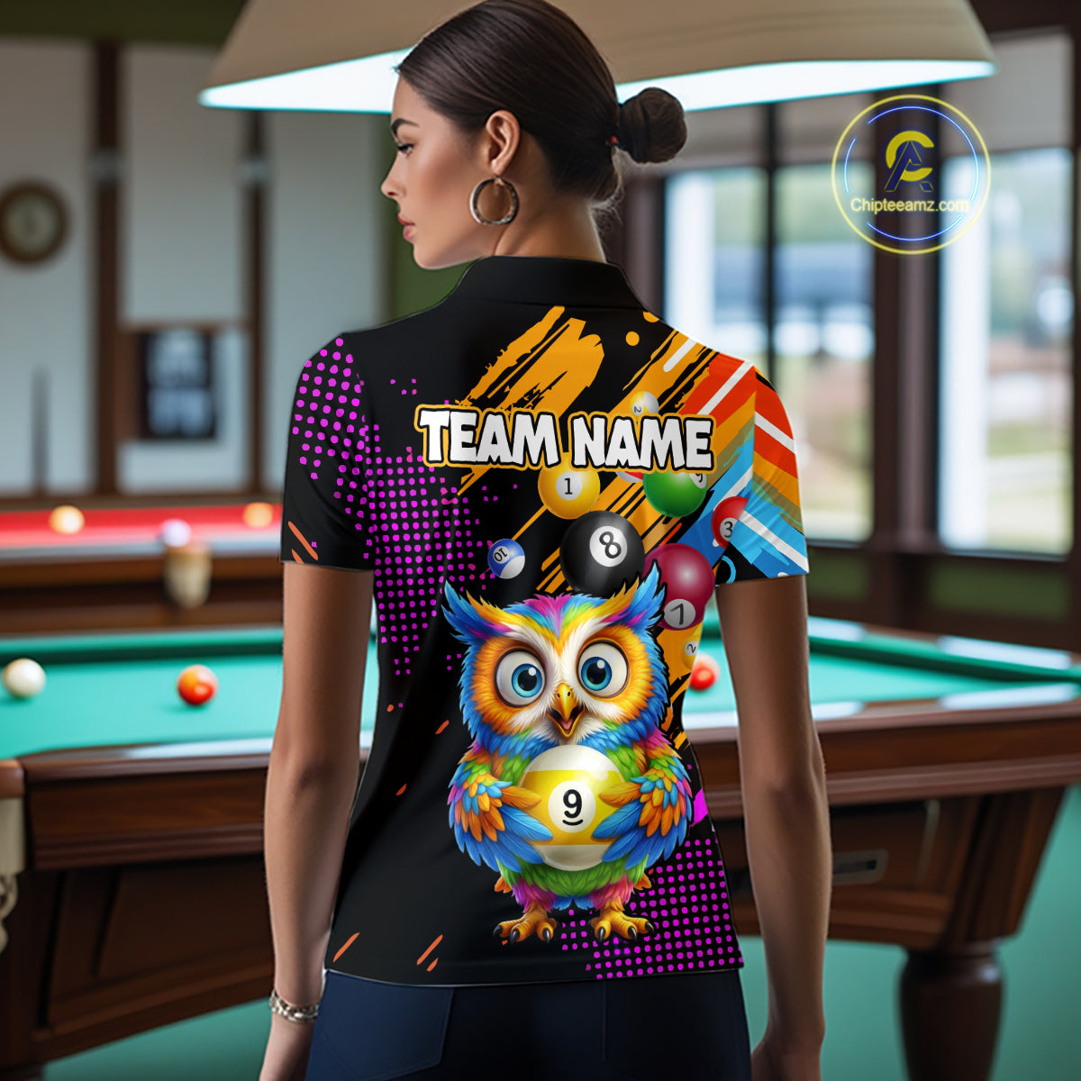 Custom Funny Colorful Owl 9 Ball Pool Billiard Shirt for Women Billiard Team Jersey Polo & 1/4 Zip NNT156