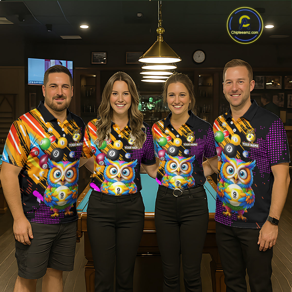Custom Funny Colorful Owl 9 Ball Pool Billiard Shirt for Women Billiard Team Jersey Polo & 1/4 Zip NNT156