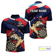 Load image into Gallery viewer, Front and back views of a navy, red, and white darts quarter zip featuring a cartoon pug holding a dartboard, flying darts, and custom team text.