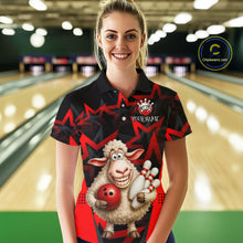 Load image into Gallery viewer, Person wearing a bowling shirt with a sheep design in a bowling alley.