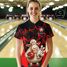 Load image into Gallery viewer, Person wearing a bowling shirt with a cartoon sheep design in a bowling alley.