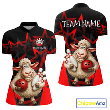 Load image into Gallery viewer, Bowling-themed shirt with cartoon sheep holding bowling balls and shoes, customizable text on a black and red background.