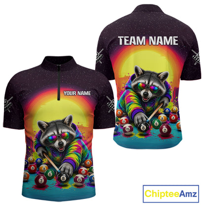 Colorful raccoon-themed cycling jersey with billiards design on a white background