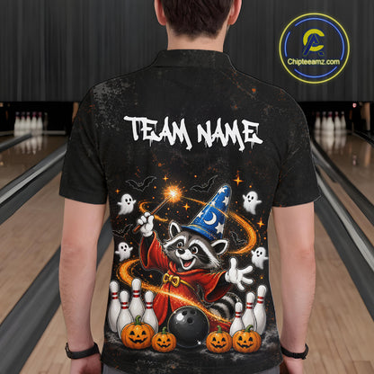 A person viewed from behind wearing a black short-sleeve button-up shirt with a large Halloween-themed graphic on the back. The design shows a raccoon in a wizard hat and robe with ghosts, pumpkins, bowling pins, and a bowling ball, plus the text 'TEAM NAME'.