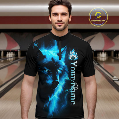 Custom Blue Flame Wolf Bowling Jersey for Men Polo & 1/4 Zip Bowling Team Shirts HNT148