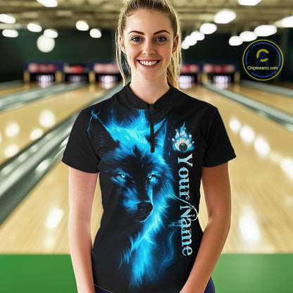 Custom Blue Flame Wolf Bowling Jersey for Women Polo & 1/4 Zip Bowling Team Shirts HNT148