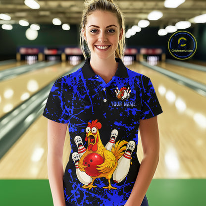 Custom Blue Funny Chicken Bowling Jersey for Women Bowling Uniform Bowling Team Shirts HNT282