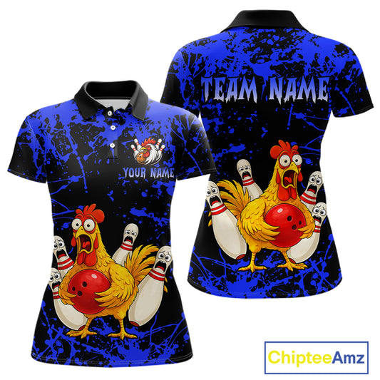 Custom Blue Funny Chicken Bowling Jersey for Women Bowling Uniform Bowling Team Shirts HNT282