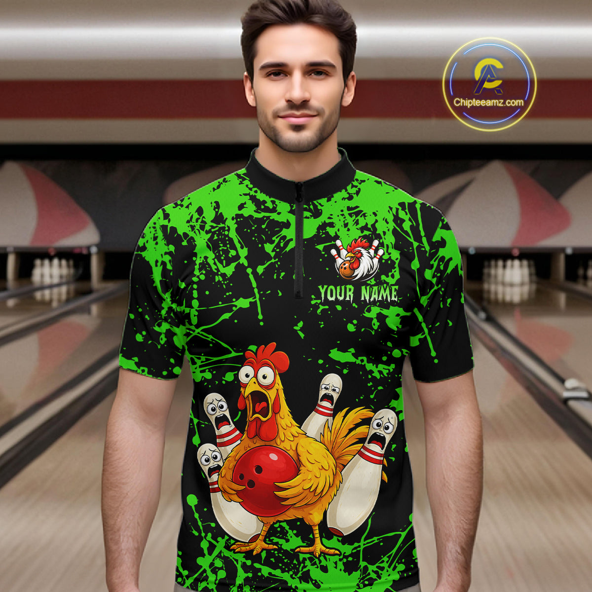 Custom Green Funny Chicken Bowling Jersey for Men Bowling Uniform Bowling Team Shirts HNT282