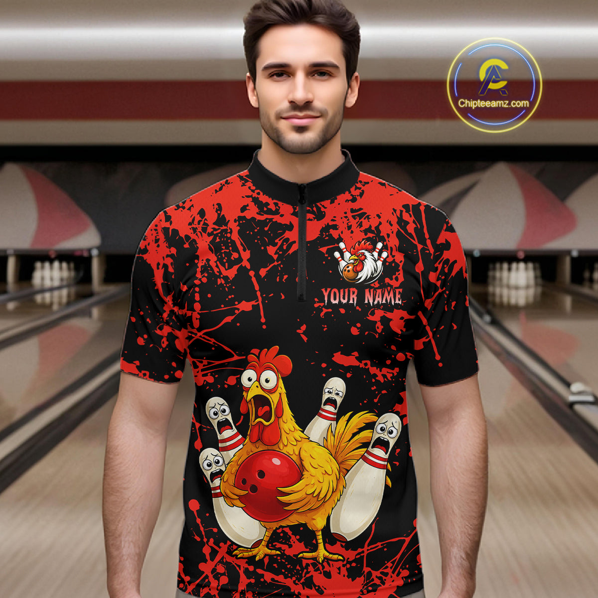 Custom Red Funny Chicken Bowling Jersey for Men Bowling Uniform Bowling Team Shirts HNT282