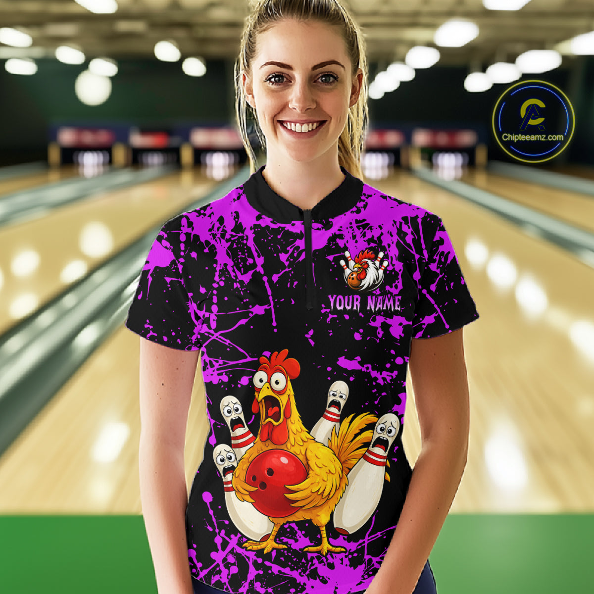 Custom Purple Funny Chicken Bowling Jersey for Women Bowling Uniform Bowling Team Shirts HNT282
