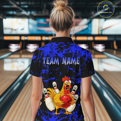 Custom Blue Funny Chicken Bowling Jersey for Women Bowling Uniform Bowling Team Shirts HNT282