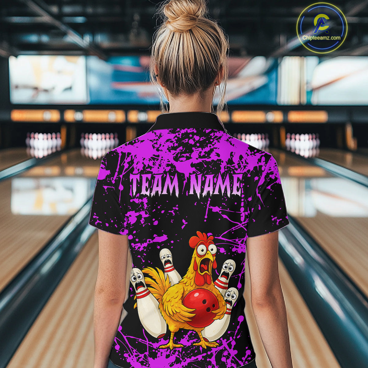 Custom Purple Funny Chicken Bowling Jersey for Women Bowling Uniform Bowling Team Shirts HNT282