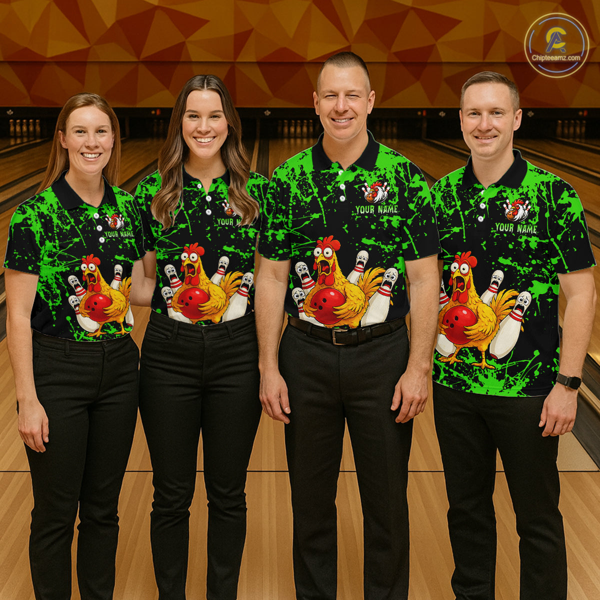 Custom Green Funny Chicken Bowling Jersey for Men Bowling Uniform Bowling Team Shirts HNT282