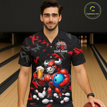 Custom Red Beer Bull Hawaiian Bowling Jersey Bowling Team Shirts Bowling Uniform HNT329