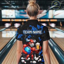 Load image into Gallery viewer, Women’s blue beer bull bowling polo shirt, back view on female model in bowling lane 