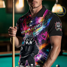 Load image into Gallery viewer, Man holding a pool cue while wearing a vibrant graffiti-style billiards polo with a american bully dog, custom name text, and colorful paint-streak graphics.