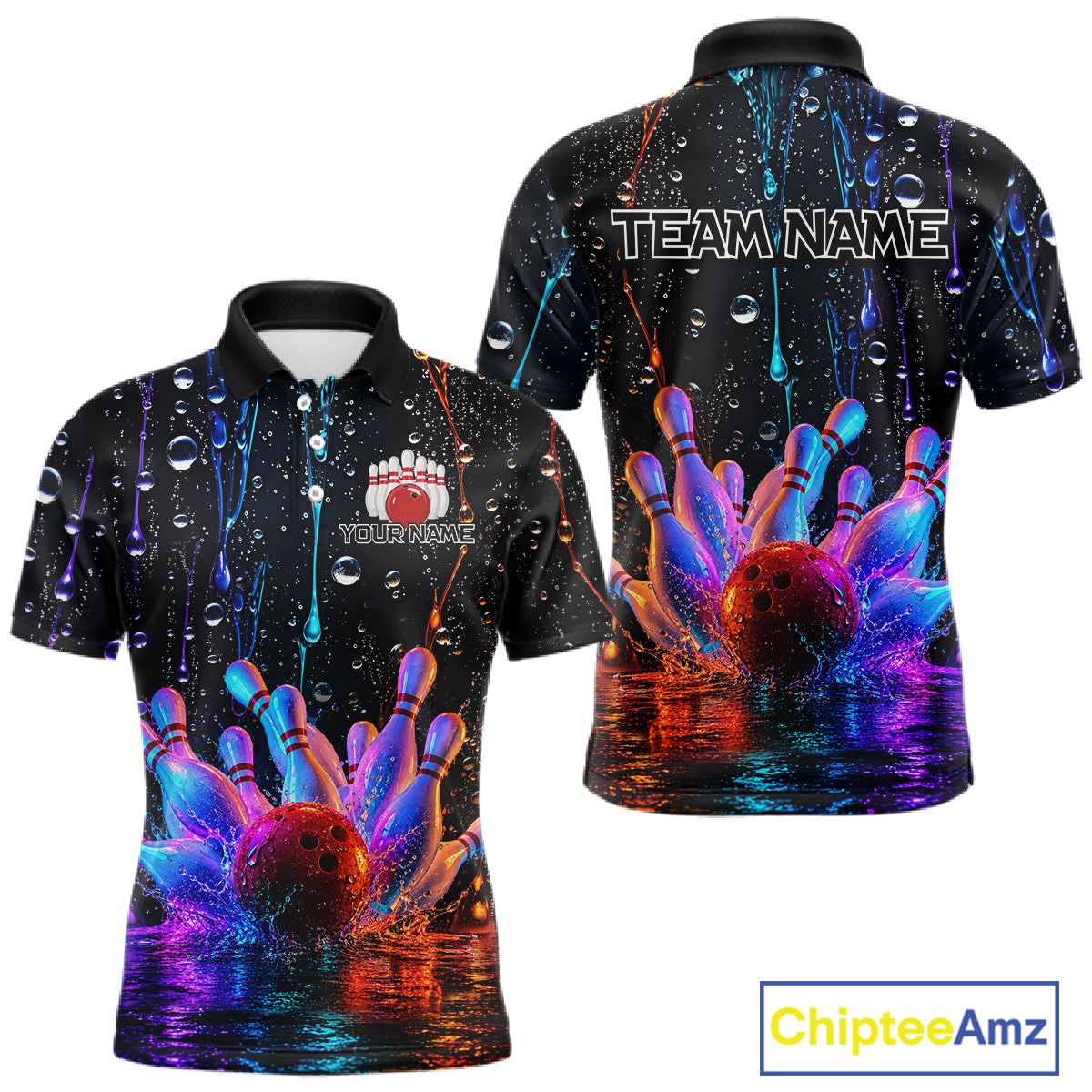 Bowling-themed polo shirt with colorful design and customizable text on a black background
