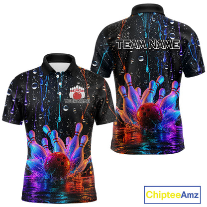 Bowling-themed polo shirt with colorful design and customizable text on a black background