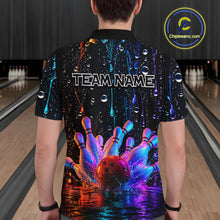 Load image into Gallery viewer, Men wearing a colorful bowling-themed shirt with 'TEAM NAME' text in a bowling alley.