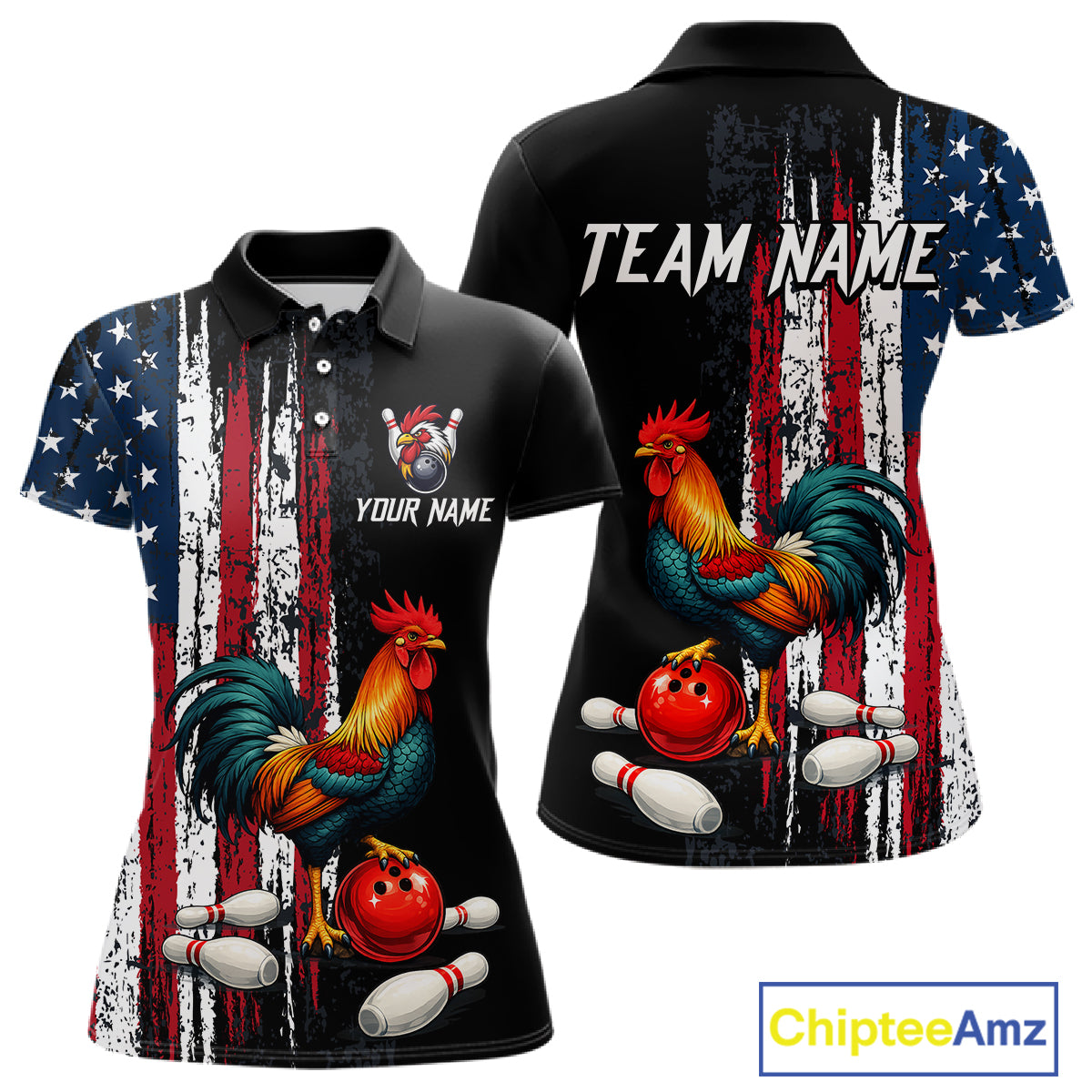 American Flag Rooster Bowling Jersey for Women Bowling Team Shirts Bowling Polo & 1/4 Zip HNT253