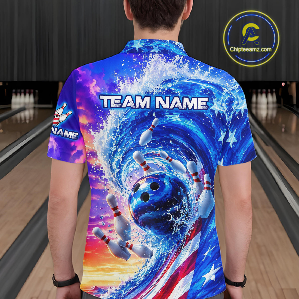 Custom American Wave Patriotic Bowling Jersey for Men Unisex Bowling Team Shirts Polo & 1/4 Zip HNT343