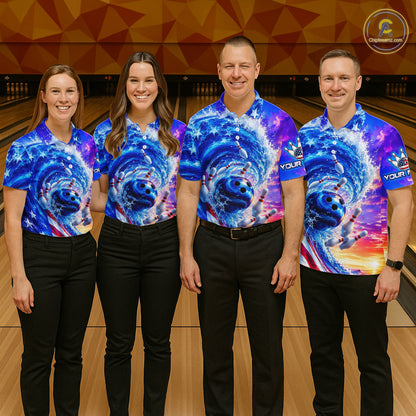 Custom American Wave Patriotic Bowling Jersey for Men Unisex Bowling Team Shirts Polo & 1/4 Zip HNT343