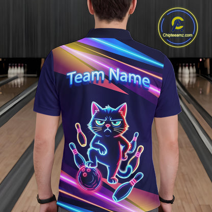 Custom Funny Cat Neon Bowling Jerseys for Men Bowling League Polo & 1/4 Zip Bowling Team Shirts HNT202