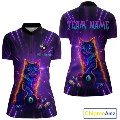 Personalized Funny Neon Cat 8 Ball Pool Women Billiard Polo & 1/4 Zip, Billiard Shirt, Billiard Team Jerseys NNT143