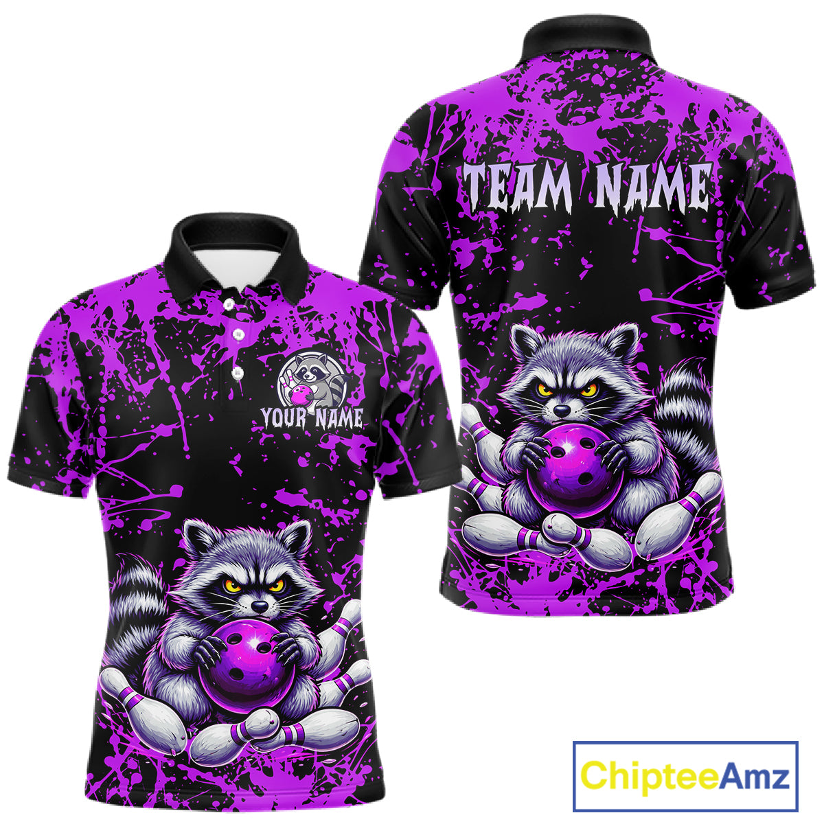 Custom Purple Raccoon Bowling Jersey for Men Bowling Uniform Polo & 1/4 Zip Bowling Team Shirts HNT224