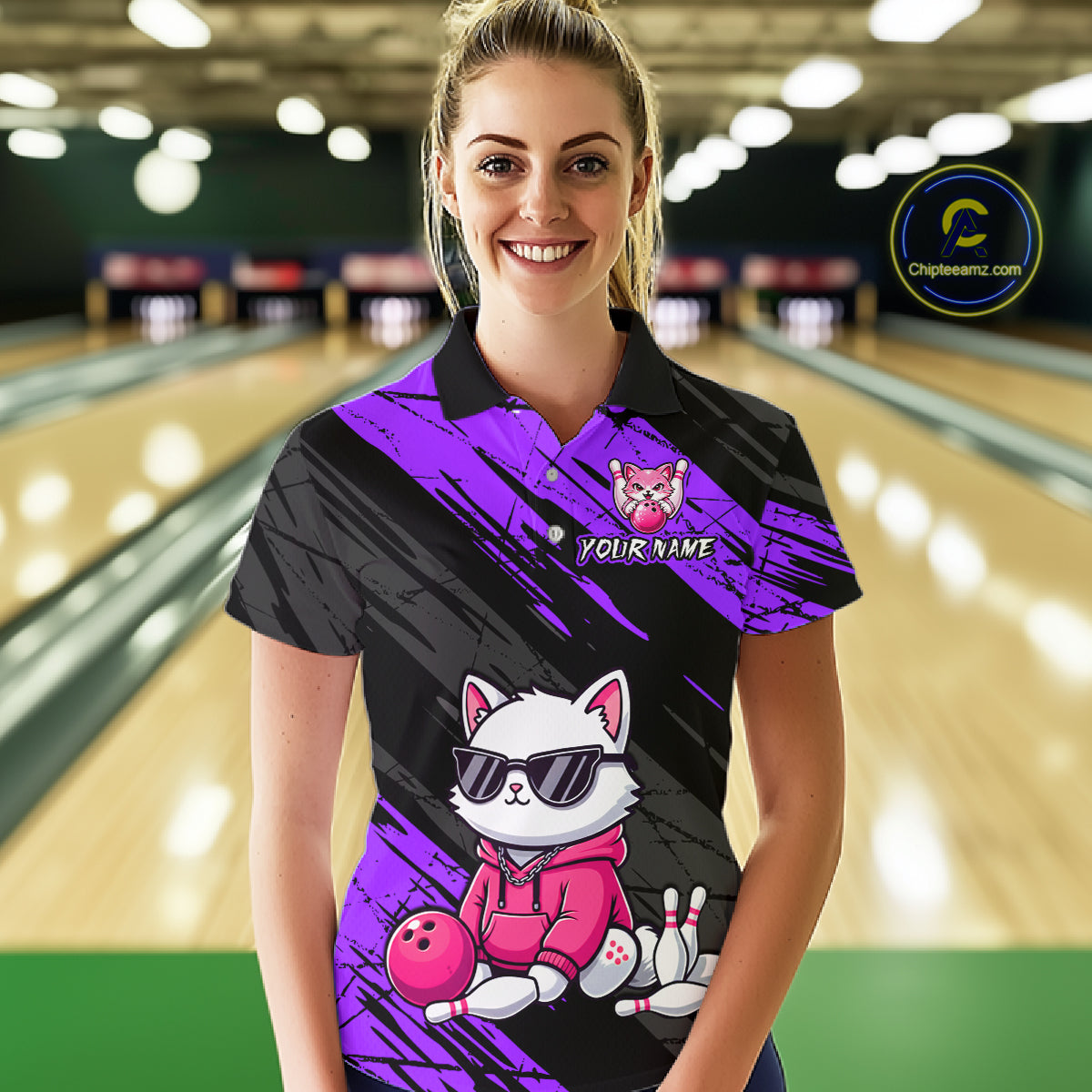 Custom Funny Purple Cat Bowling Jersey for Women Bowling Team Shirts Bowling Polo & 1/4 Zip HNT257