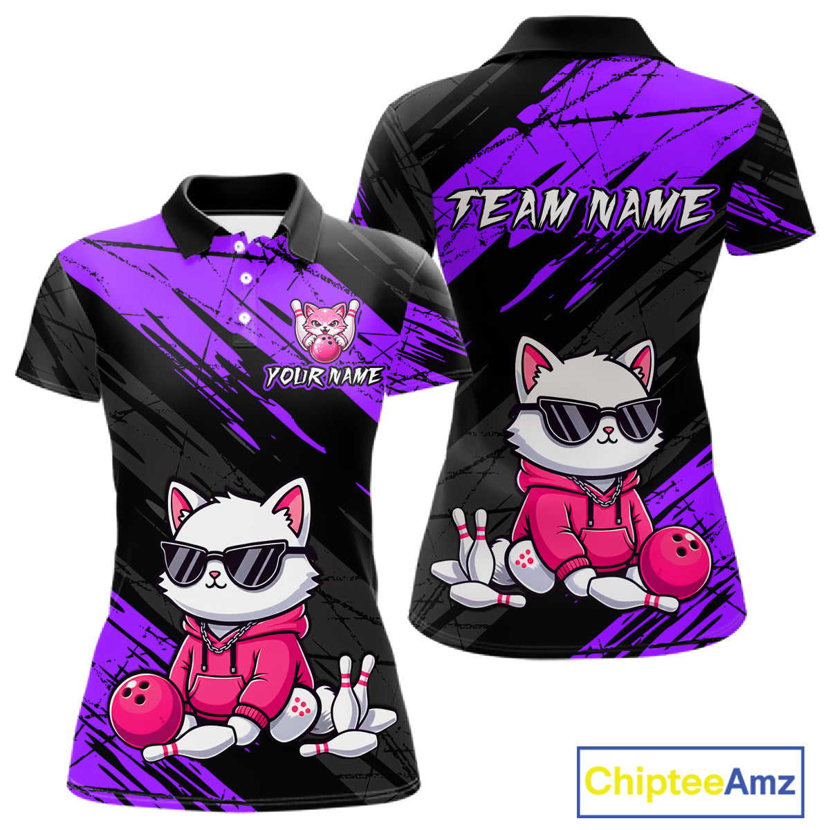 Custom Funny Purple Cat Bowling Jersey for Women Bowling Team Shirts Bowling Polo & 1/4 Zip HNT257