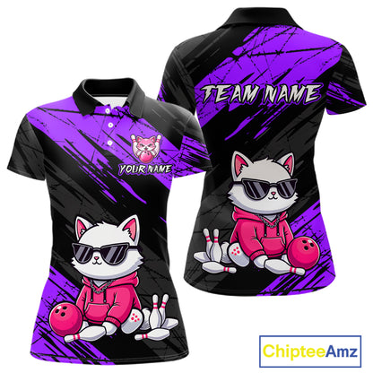 Custom Funny Purple Cat Bowling Jersey for Women Bowling Team Shirts Bowling Polo & 1/4 Zip HNT257